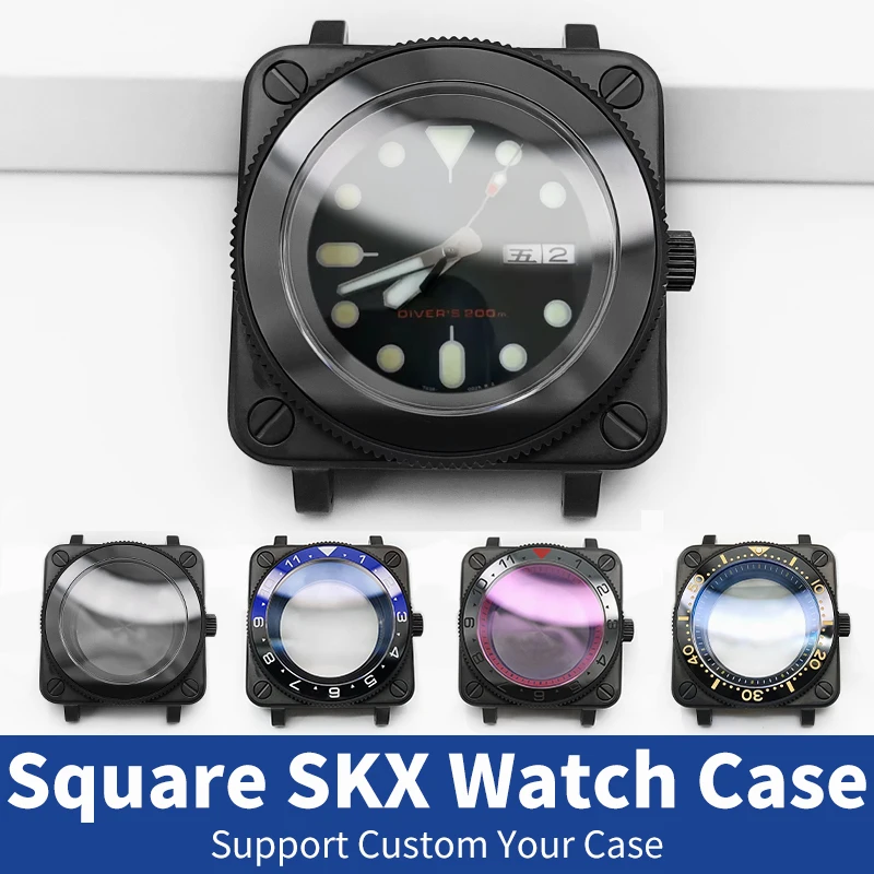Matte Square SKX Black Watch Case Set Stainless Steel With Sapphire Glass MOD NH35 NH36 4R36 Movement Watches Cases Accessories