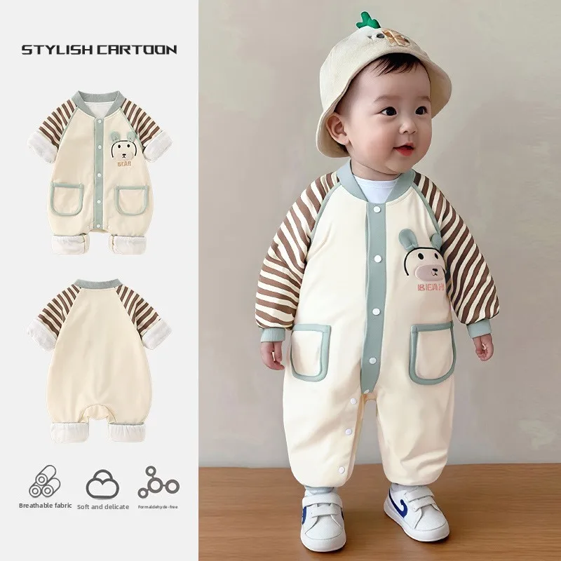 

Очаровательный детский костюм класса А: повседневная одежда для младенцев, полосатый комбинезон с высокой талией из хлопковой ткани, осенний наряд для детей