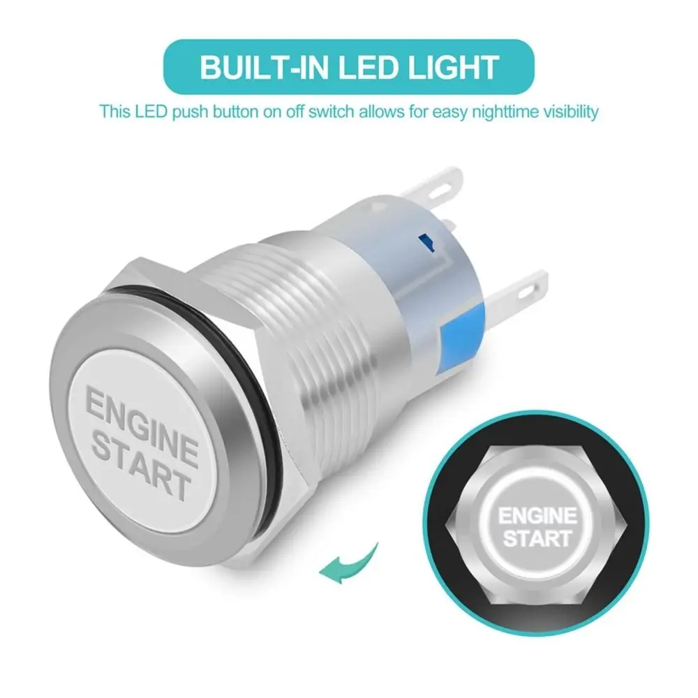 12V Waterproof Engine Start Button Zinc-Aluminium Alloy 19MM Size Ignition Starter Switch Black/Silver Stainless Steel