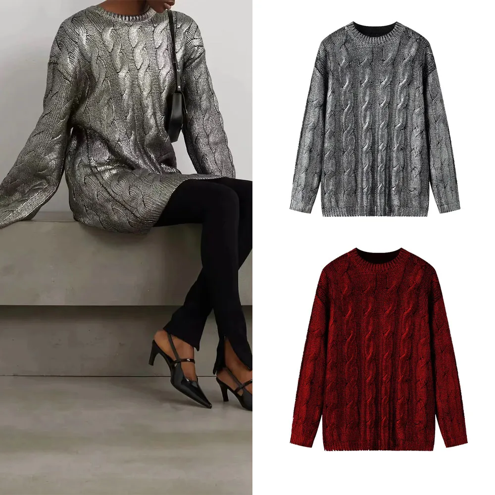 2024 Silvery Foil Sweater Women Metallic Knitted Sweaters for Women Pullovers Top Cable Sweater Woman Jerseys