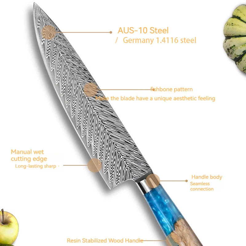 Chefs Cleaver Knife AUS10/ Germany 1.4116 Steel 19.5cm Blade Slicing Laser Pattern Kitchen Knives Resin & Stabilized Wood Handle