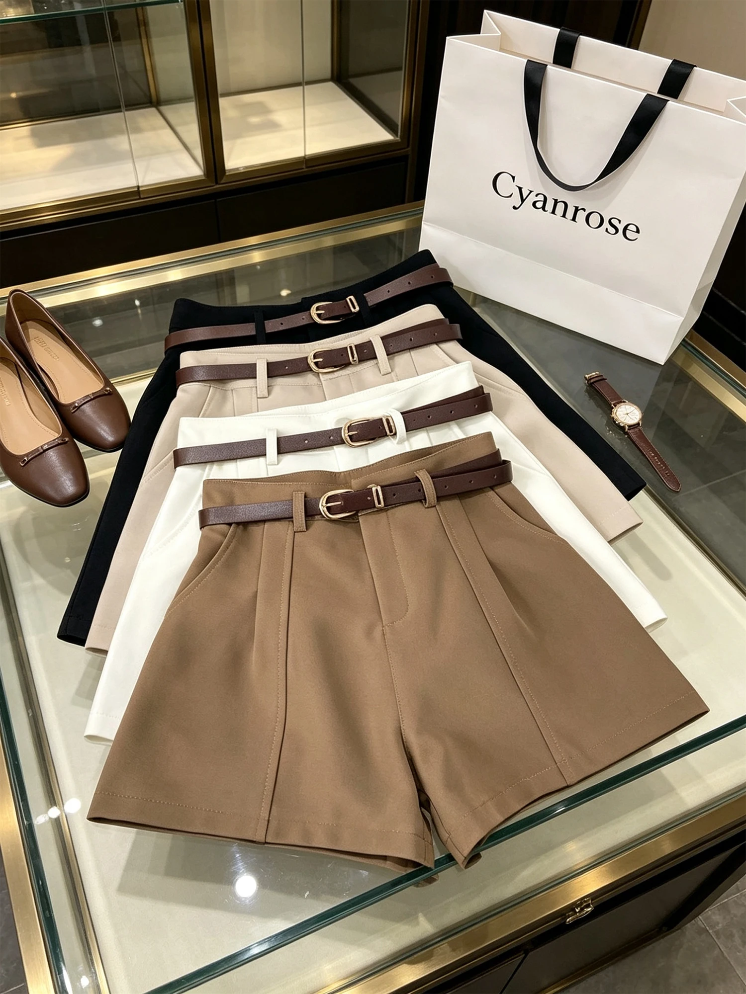 Women Khaki Blazer Wide-Leg Shorts With Belt Y2k Gyaru Short Pants Retro Casual Hot Pants Fashion Clothes for Women Summer 2026