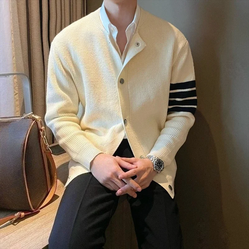 ​ Casual masculino fivela de metal em torno do pescoço cor bloco cardigan primavera outono solto gota ombro franja textura na moda camisola de malha ​