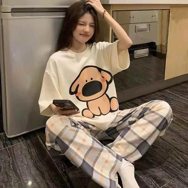 

Cute Cartoon Sleepwear Set Women's Short Sleeve Long Pants Spring Summer Home Clothes Outwear Comfortable Breathable Lightweight