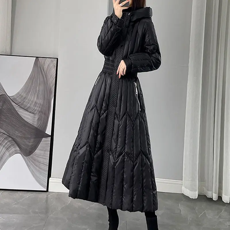 Korean Style Long Padded Coat for Women 2025, Dress Style Hooded Parka with Waistband, Winter Warm Windproof Outerwear