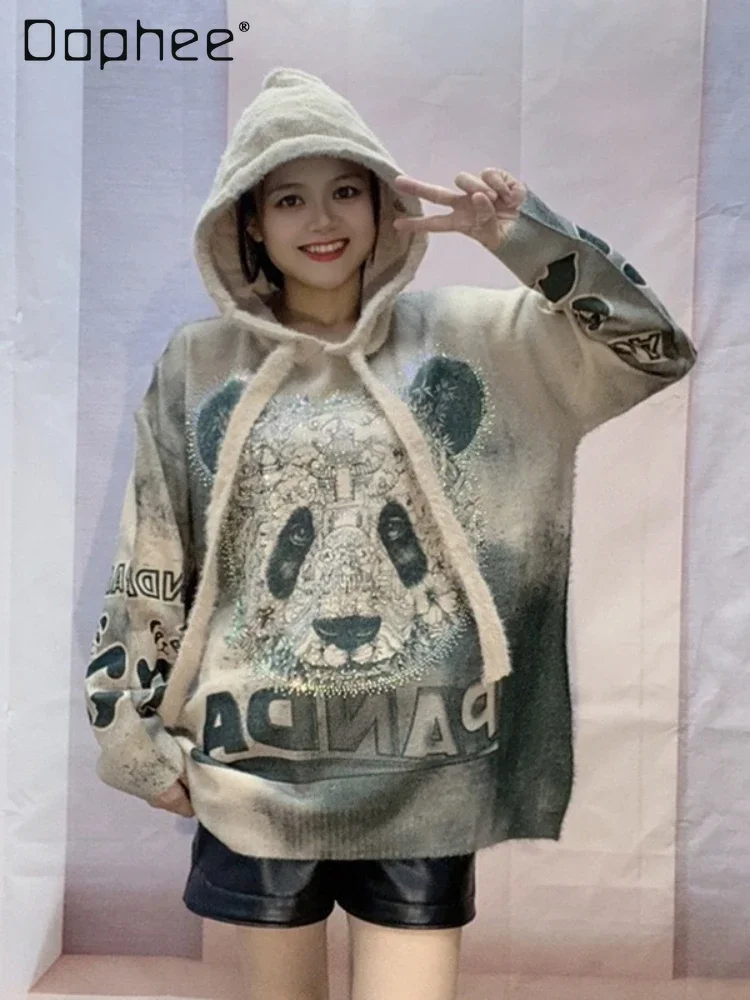 

Korean Version Loose Mid Length Heavy Industry Hot Diamond Hooded Sweater Hipster Autumn New Cartoon Panda Knitted Top Women