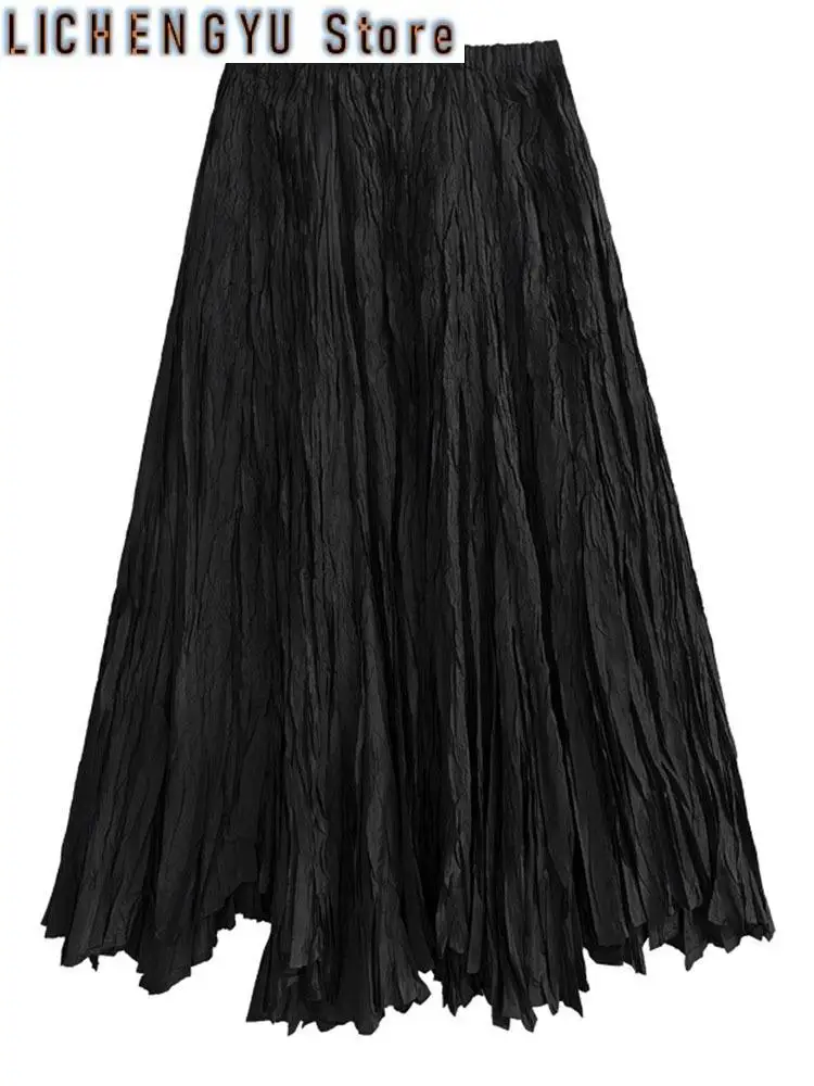 Women Black Pleated Thin Big Size Half-body Skirt High Elastic Waist Loose Fashion Tide New Spring Summer