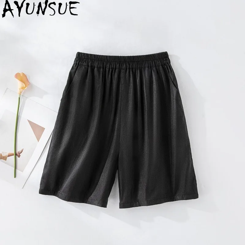 

AYUNSUE 100% Silk Women's Shorts Elastic Waist Black Shorts for Woman Summer Casual Shorts Woman Clothes High Quality шорты