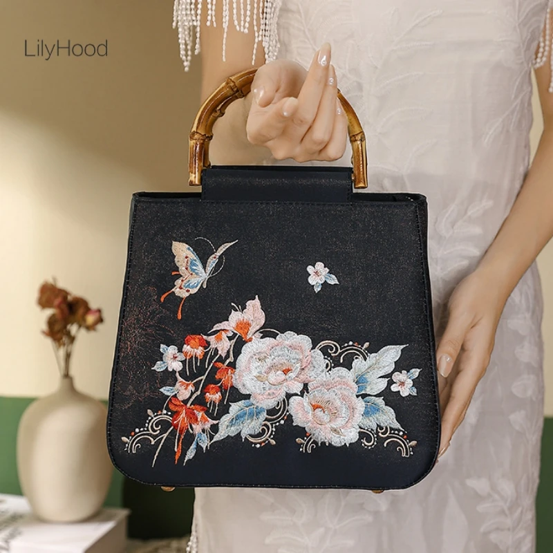 Women Vintage Floral Embroidery Black Top-handle Tote Bag Retro Chic Bamboo Handle Cottagecore Evening Chinese Style Handbag