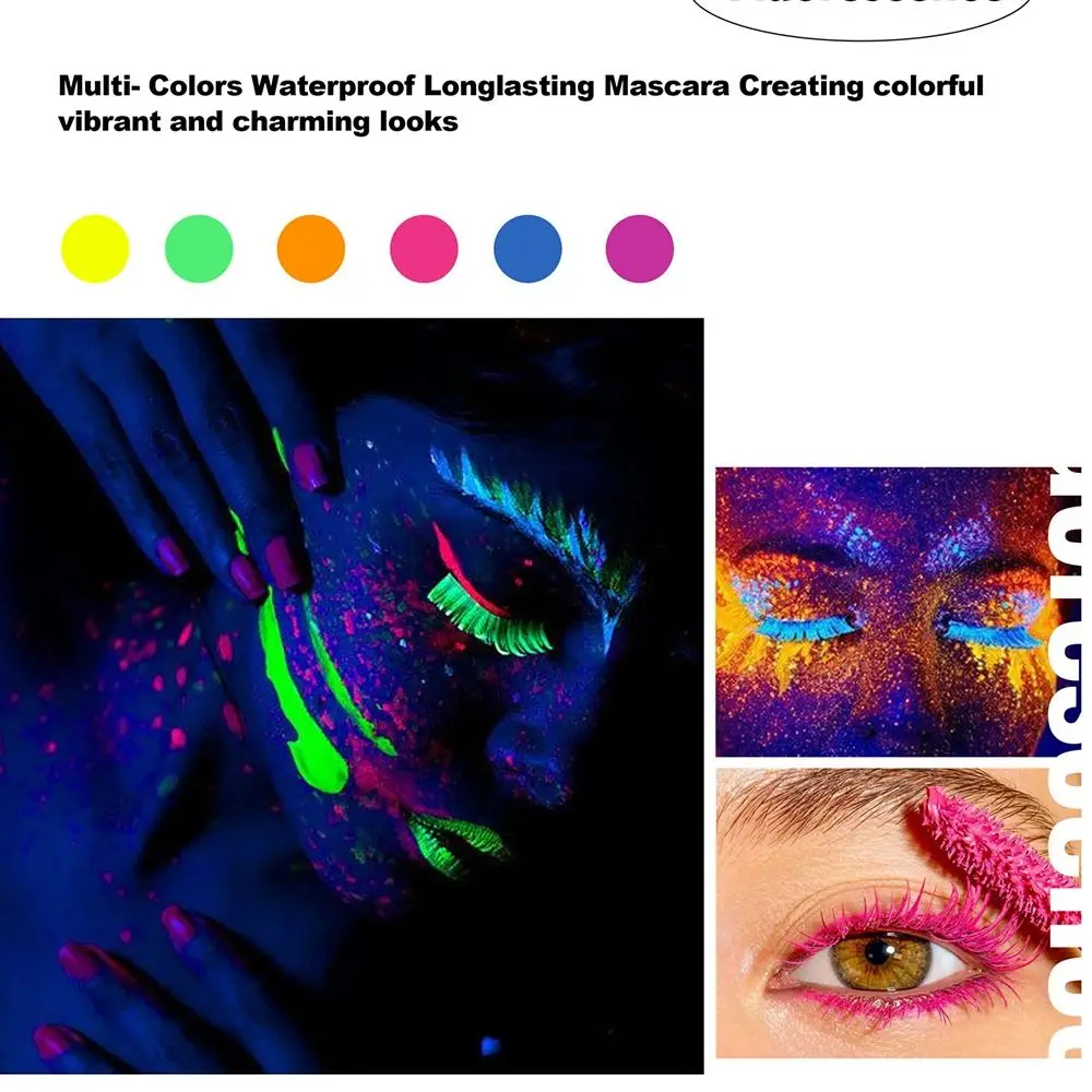 6 Colors UV Light Colored Mascara Ultra-fine Curling Thick Fluorescence Mascara Non-smudge Fast Dry Colorful Neon Eyelashes