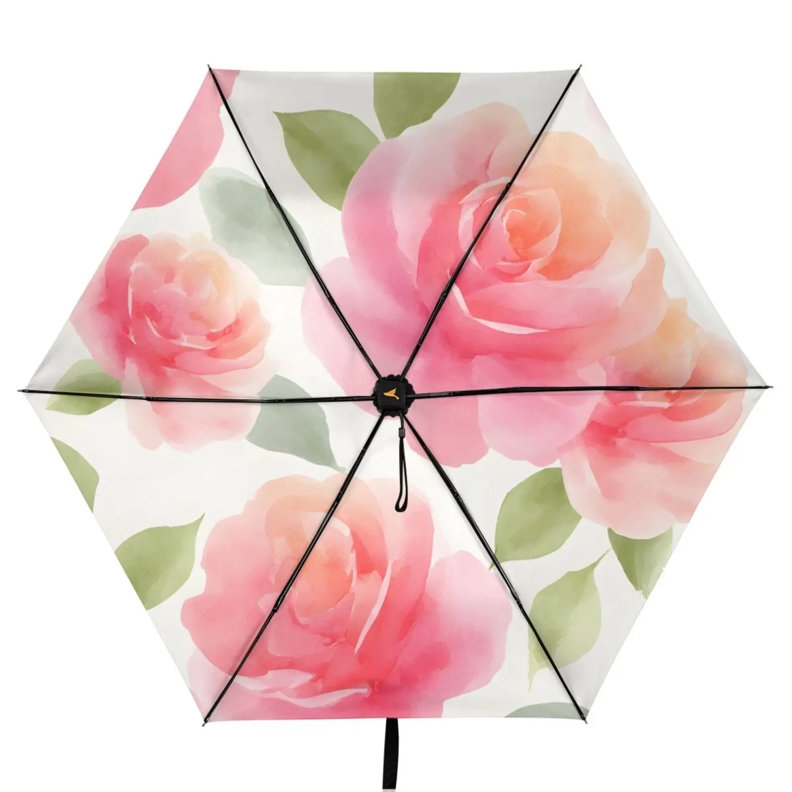 

Three Folding Umbrella Parasol Women Anti-UV Sun Protection Umbrella Outside Black Coating 6 Ribs Rose print