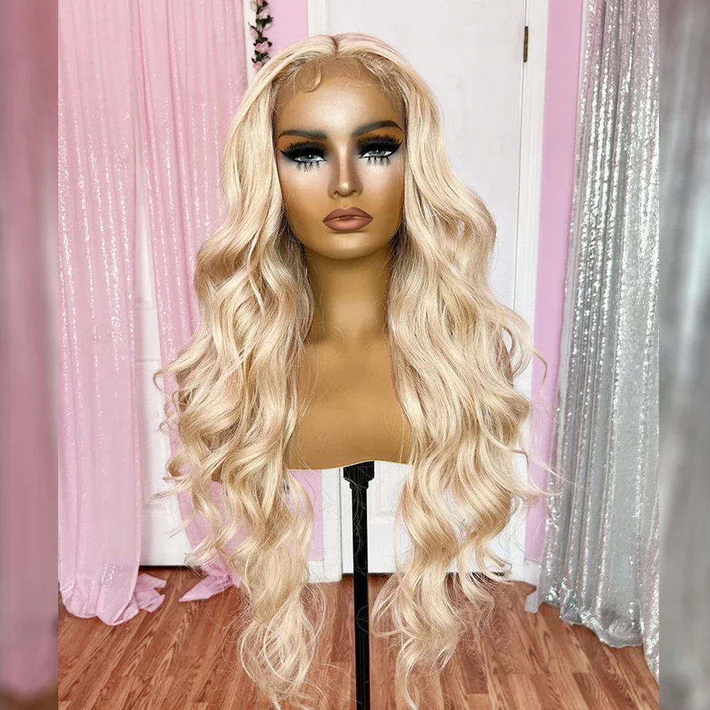 QW syntetyczna koronka peruki damskie długie faliste blond falowe włosy peruki typu Lace Front Cosplay bezklejowe odporne na ciepło