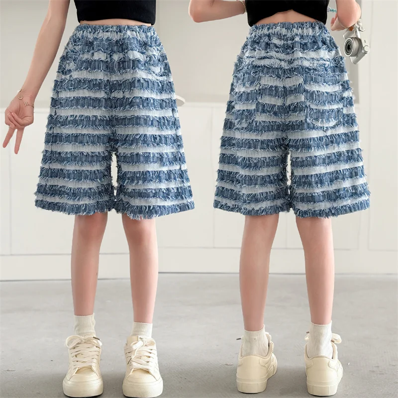

Children Fashion Roughselvedge Denim Shorts For Girls Summer Knee-Length Denim Short Pants Kids Teenager Casual Style Mini Jeans
