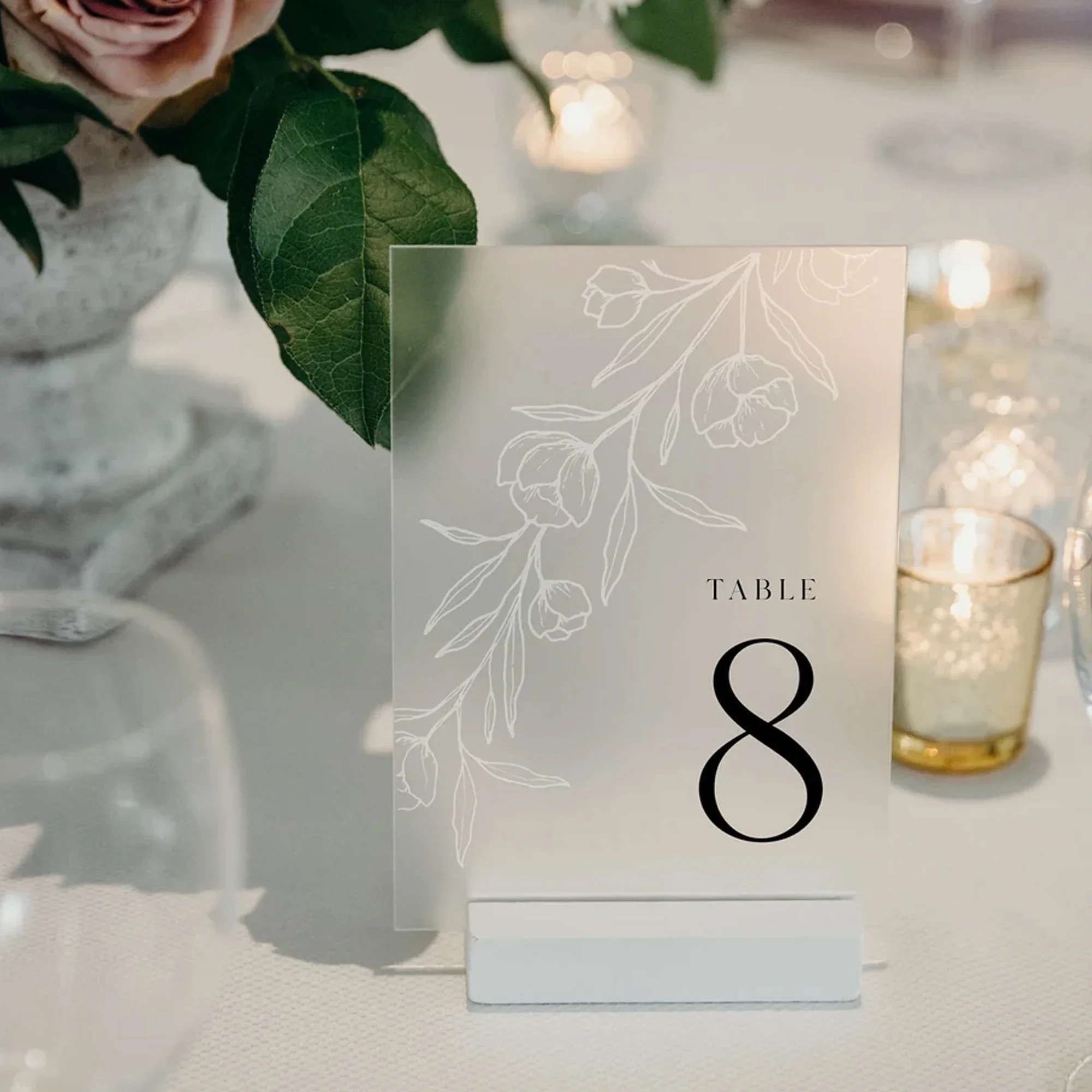 

Modern Frosted Acrylic Table Number with Floral Details Luxury Wedding & Events Decor Table Numbers with Stands Table Decoration