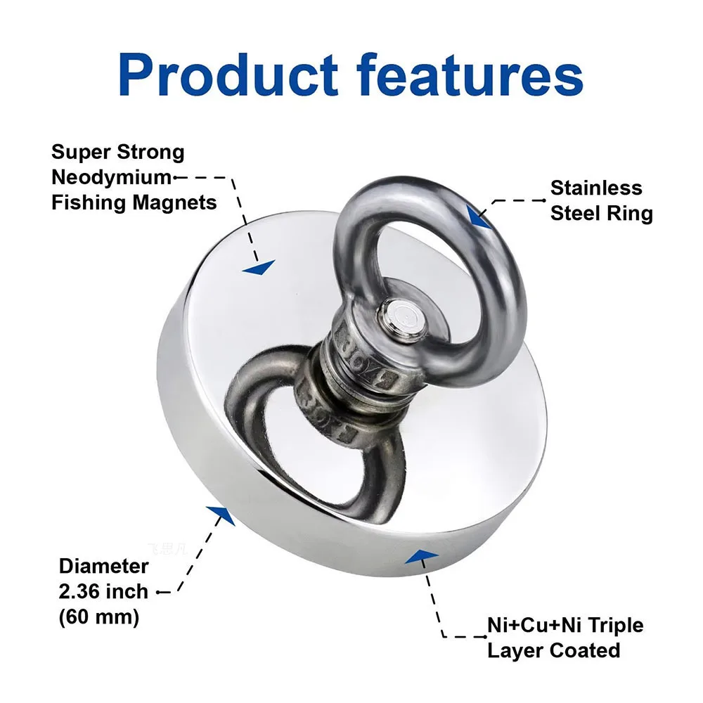 16-90mm N52 Neodymium Fishing Salvage Magnet, Heavy-Duty Rare Earth Magnet with Countersunk Hole and Eyebolt