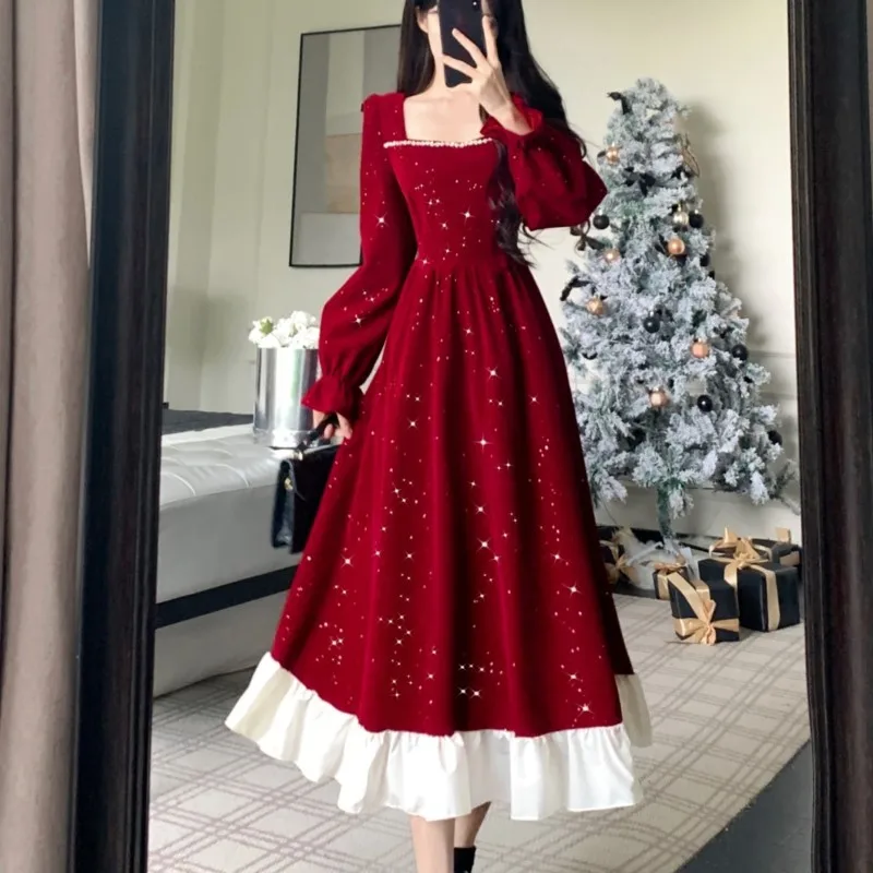 Autumn Shiny Velvet Midi Dresses for Women Long Sleeve Square Collar Oversize Ruffles Patchwork Christmas Party Dress Vestidos