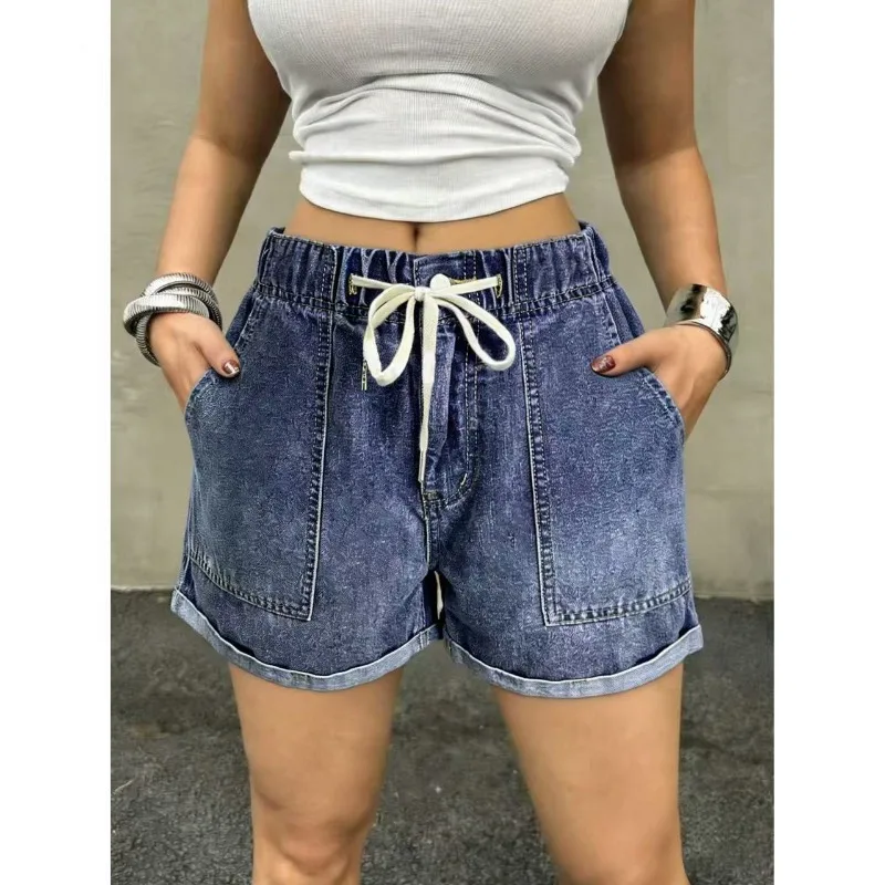 

Women Korean American Style Drawstring Waist Denim Shorts Y2K Loose Rolled Hem Streetwear Casual Summer Hot Pants