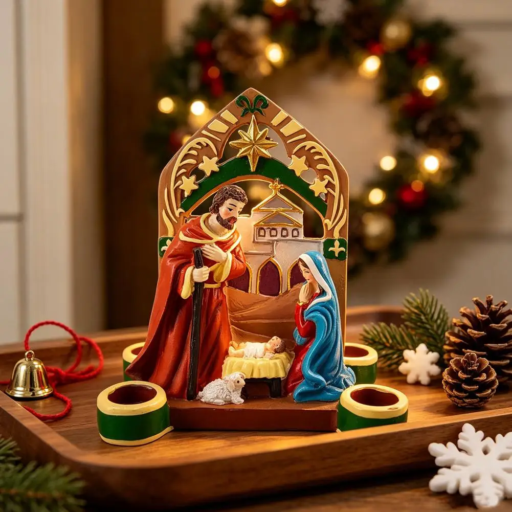 Nativity Candle Holder Four Cup Slot Tealight Rest Stepped Tier Weighted Foot Wide Base Mantel Centerpiece Dining Table Decor
