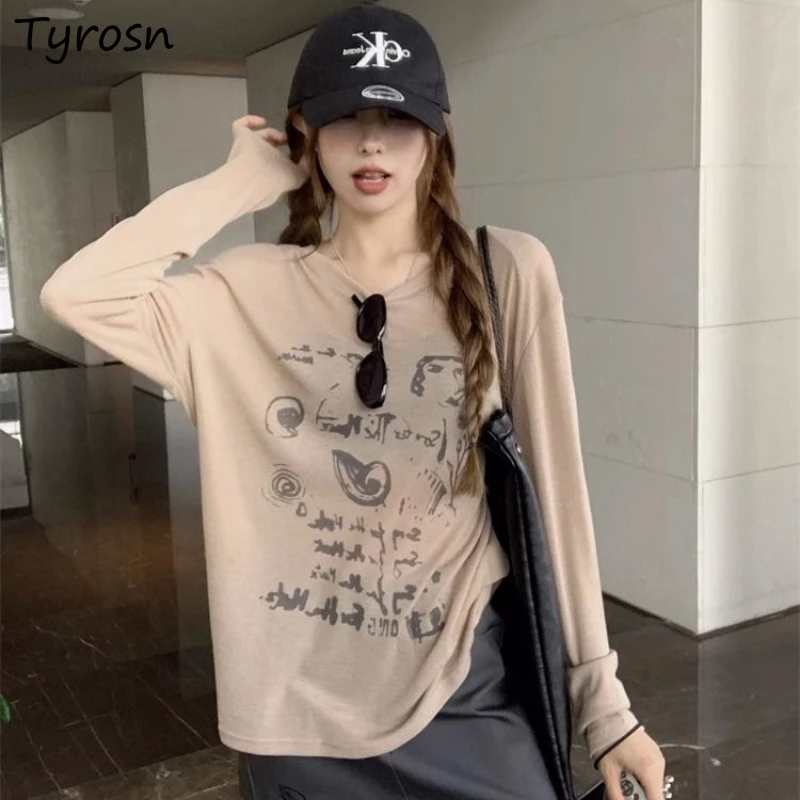 T-shirts Women Long Sleeve Letter Printed Modal Micro-transparent Sexy Leisure Loose Korean Fashion Leisure Casual Hot Girls