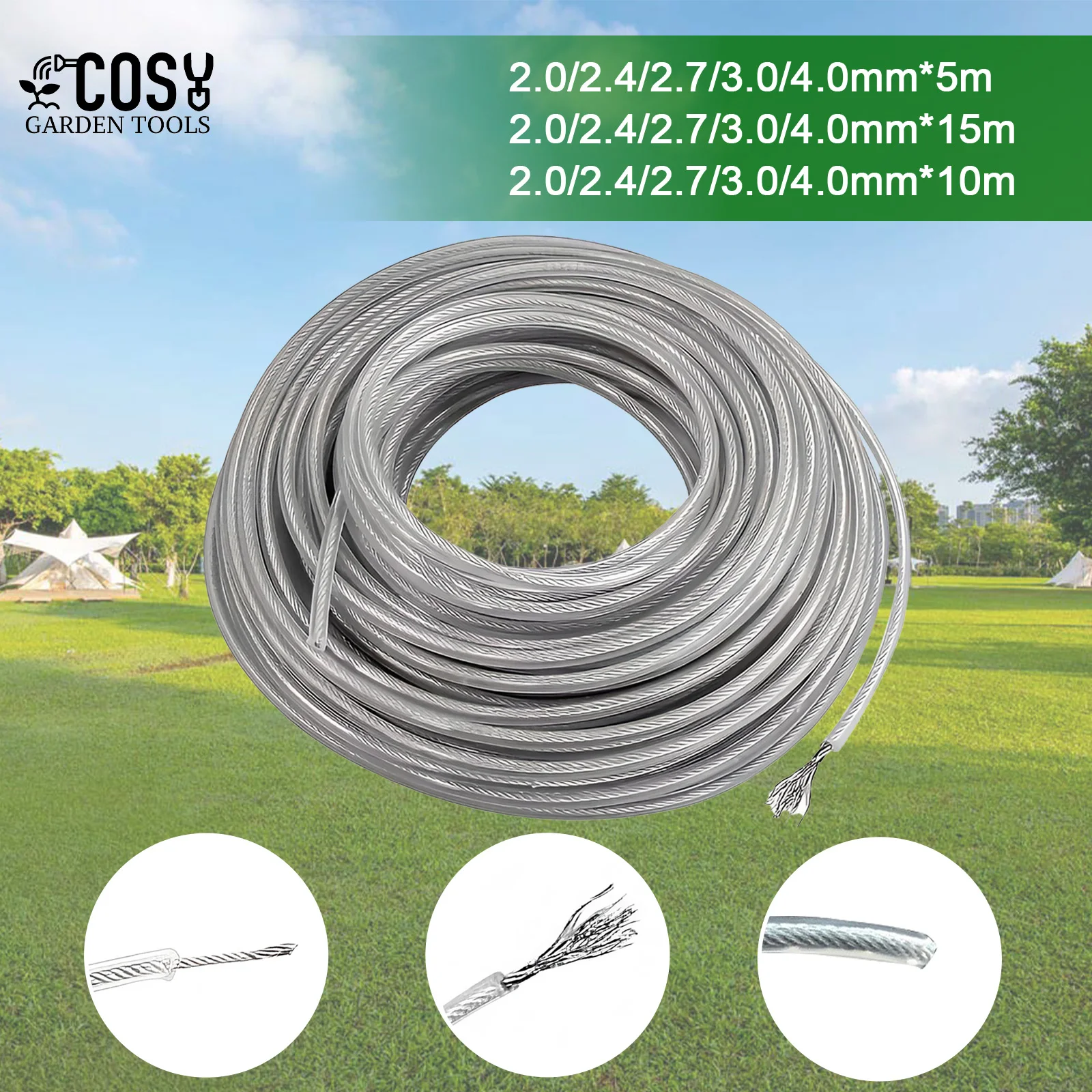 2.0/2.4/2.7/3.0/4.0mm*15m Steel Wire Nylon Grass Trimmer Line Round Brushcutter Trimmer Rope Brush Cutter Wires Rope Accessories
