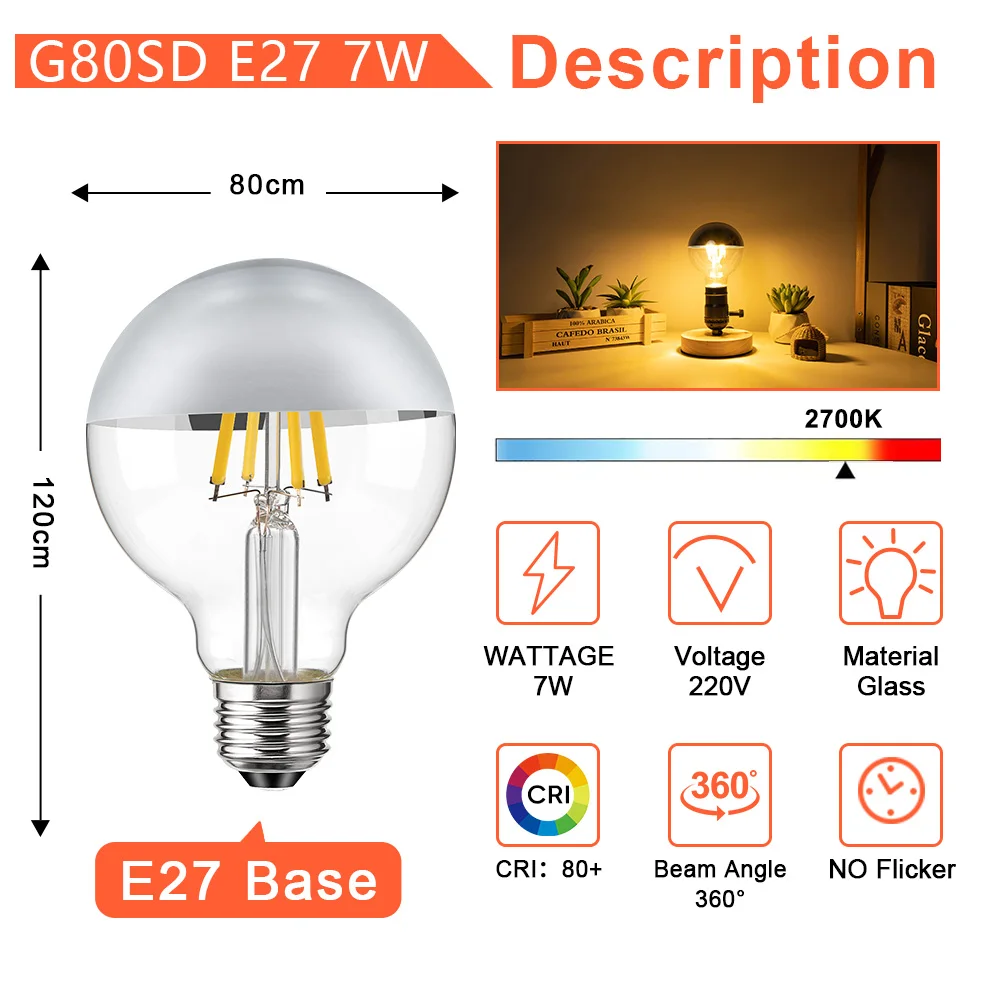 2 Pack E27 Vintage Led Filament 8W Mirror Bulb G80 Top Silver Bowl Half Chrome Crown Globe Edison Bulb for Pendant Chandelier