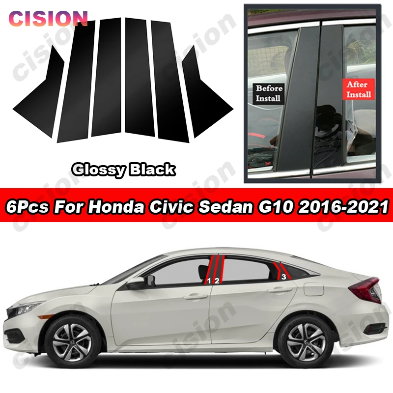 Carbon Fiber Chrome Black Door Window Center Middle Column B C Pillars Post Mirror Effect Cover Trim Sticker For Honda Civic FC