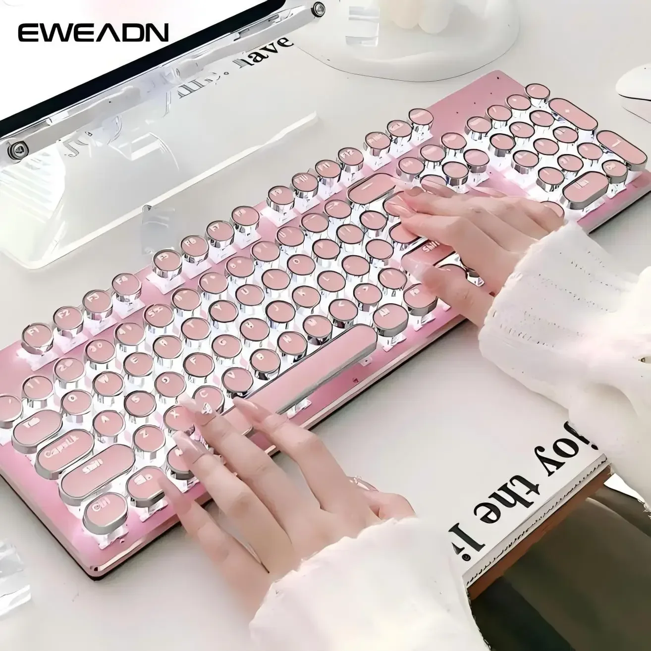 EWEADN Mechanical Keyboard 104 Keys Tri Mode Wireless Gaming Keyboard With White light Ergonomic Retro Typewriter Style