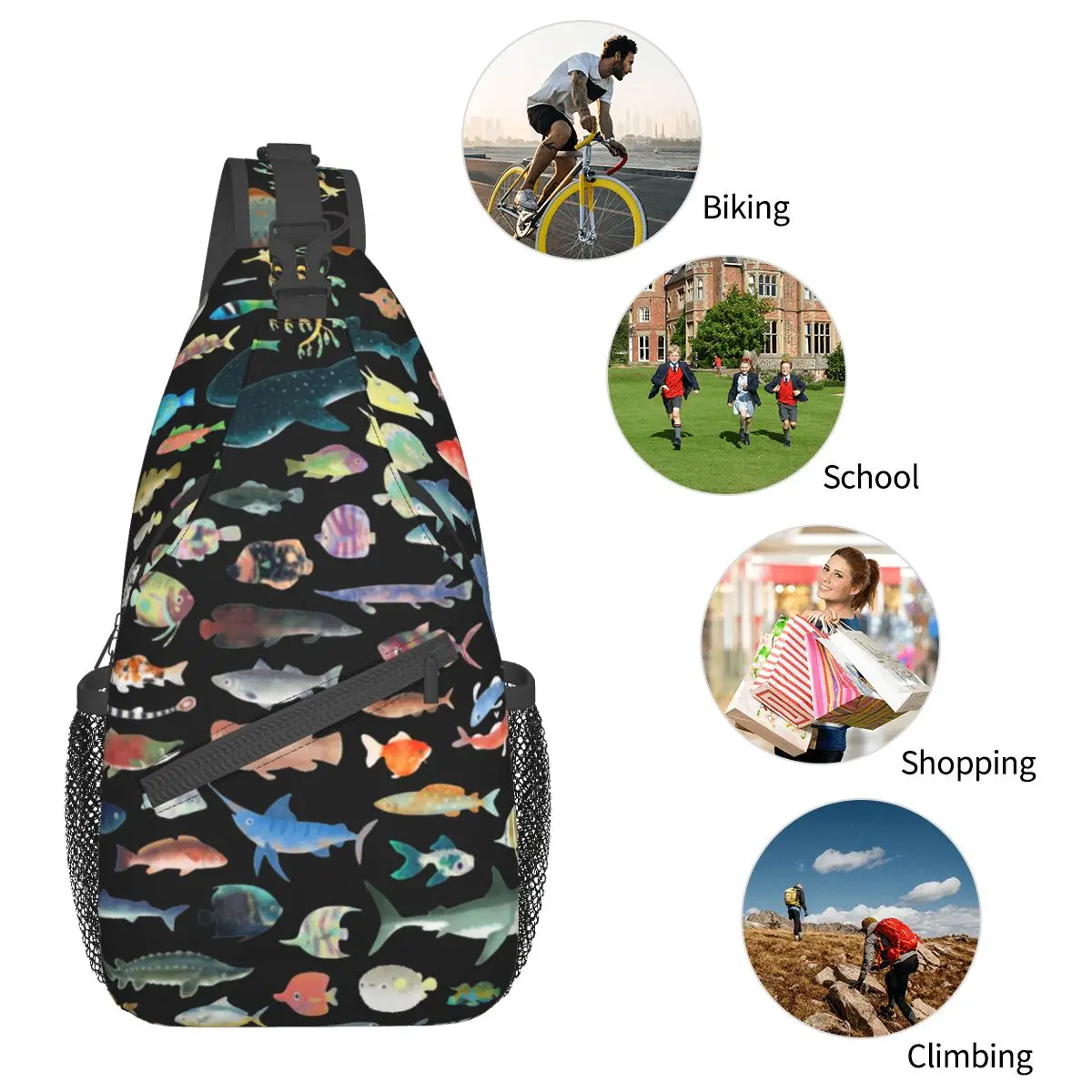 One Hundred Fish Ocean Life Small Sling Bag Chest Crossbody Shoulder Backpack Hiking Travel Daypack Scuba Diving Printed Satchel