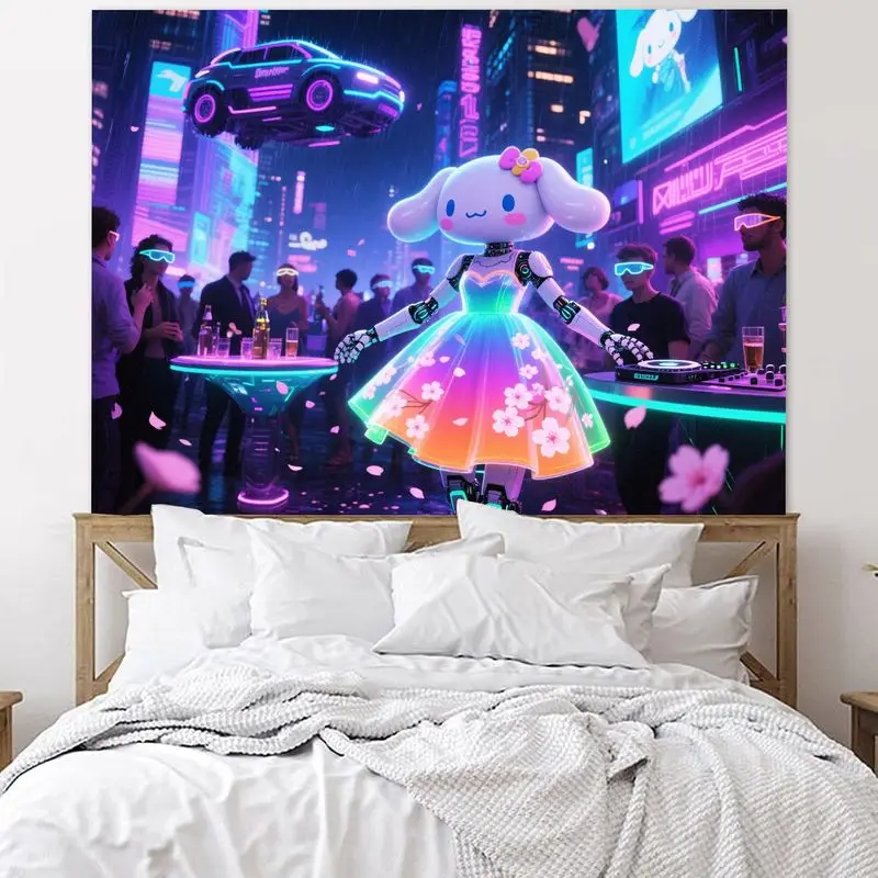 1PC 카와이 로봇 DJ 개 태피스트리 사이버펑크 네온 레이브 벽 예술 미래지향적인 도시 장식 게이머를 위한 아름답고 생생한 선물