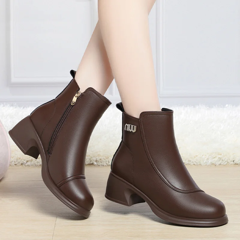 Autumn Winter New British Style Cotton Warm Women\'s Boots Round Toe Side Zipper Nude Thick Heel Plus Velvet Short Boots