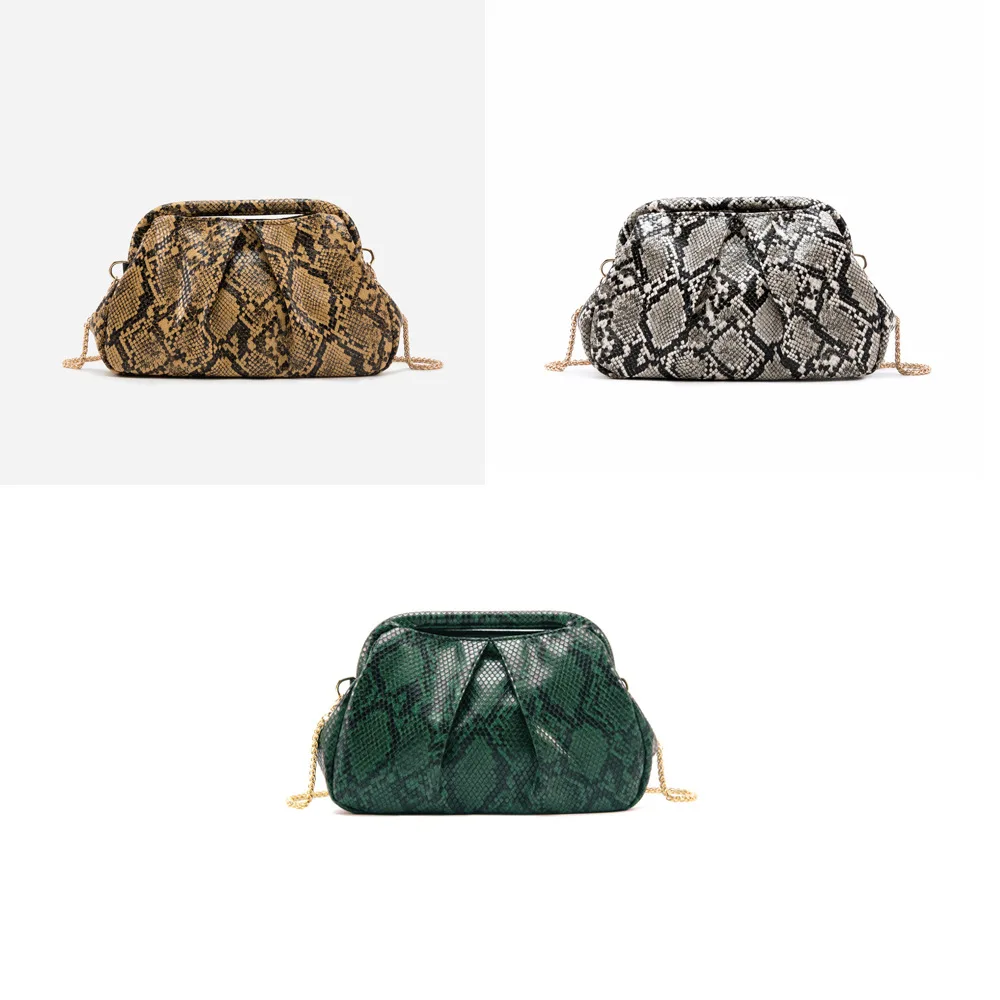 Women Luxury Designer Ruched Snake Print Serpentine Dumpling Bag Cloud Clutch Pouch Shoulder Crossbody Handbag Daily Fashion