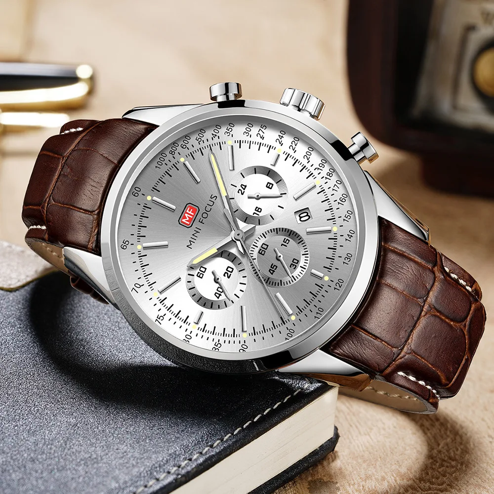 MINI FOCUS 0116 Men Quartz Watch Business Fashion Clock Date Chronograph Display Brown Leather Strap Wristwatch for Male