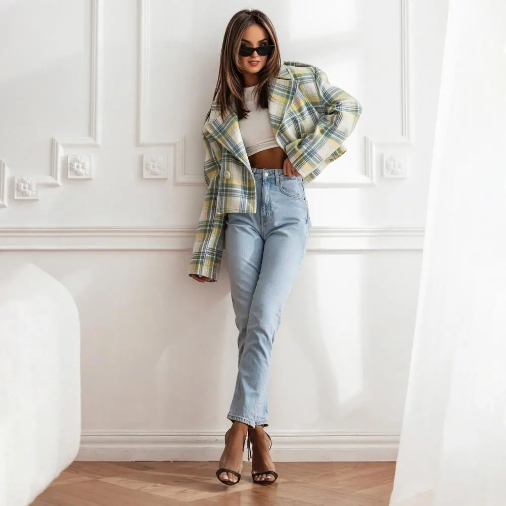 Lapel Collar Jacket Women Plaid Jacket Plaid Print English Style Women's Cardigan Coat with Turn-down Collar Button Decor for A