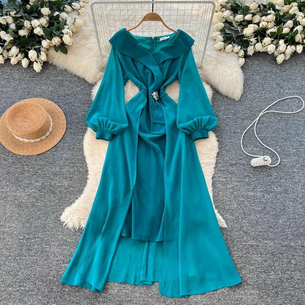 Sexy Elegant long sleeve V-neck mesh Party A-line dress Women evening korean fashion ceremony dresses