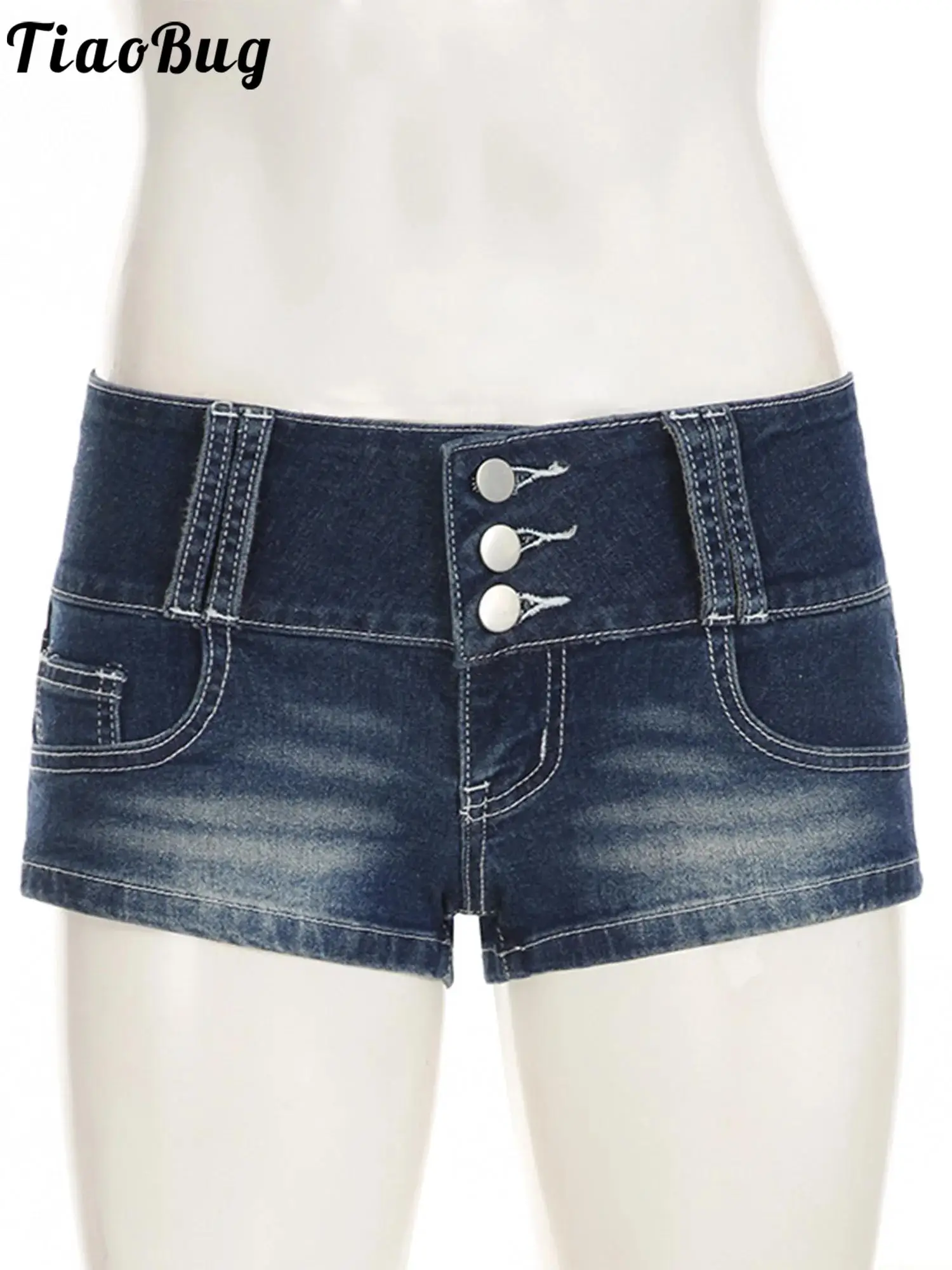 

Women Denim Low Rise Hot Pants Shorts Buttons Waist Small Pockets Short Pants Slim-fit Booty Shorts for Daily Casual Holiday