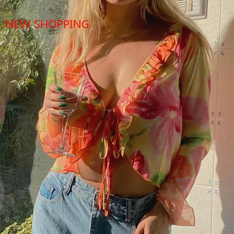 

Casual Shirt Y2K Tops Fashion Print Long Sleeve Cropped Tops Women Blouses Ruffles V Neck Bandage Summer Party Beach Blouse