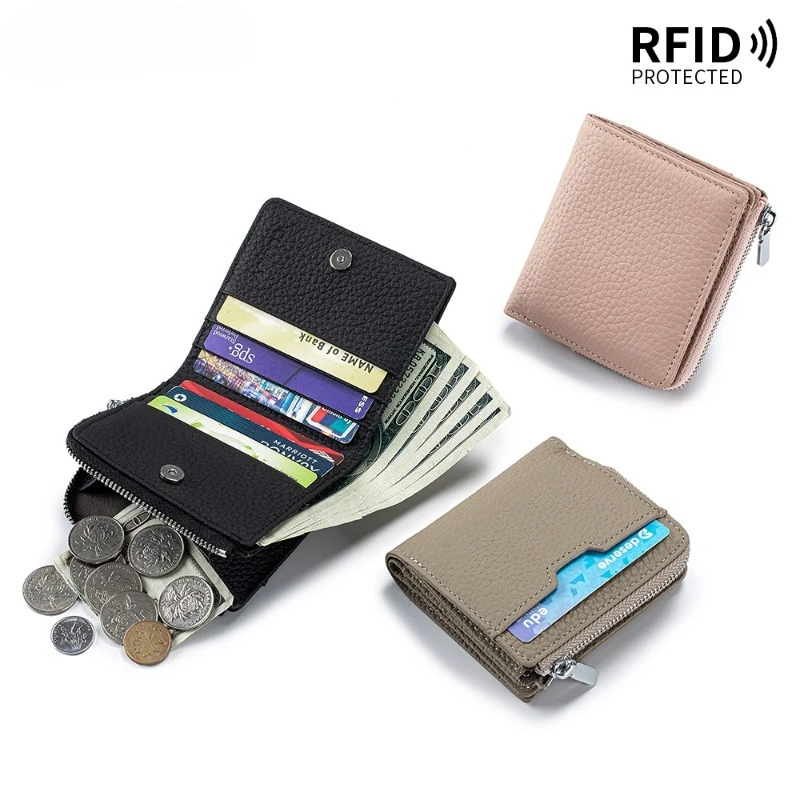 Ladies Genuine Leather Short Bifold Wallet RFID Blocking Zipper Coin Purse Multi‑Card Holders Cash Storage Magnetic Female Purse