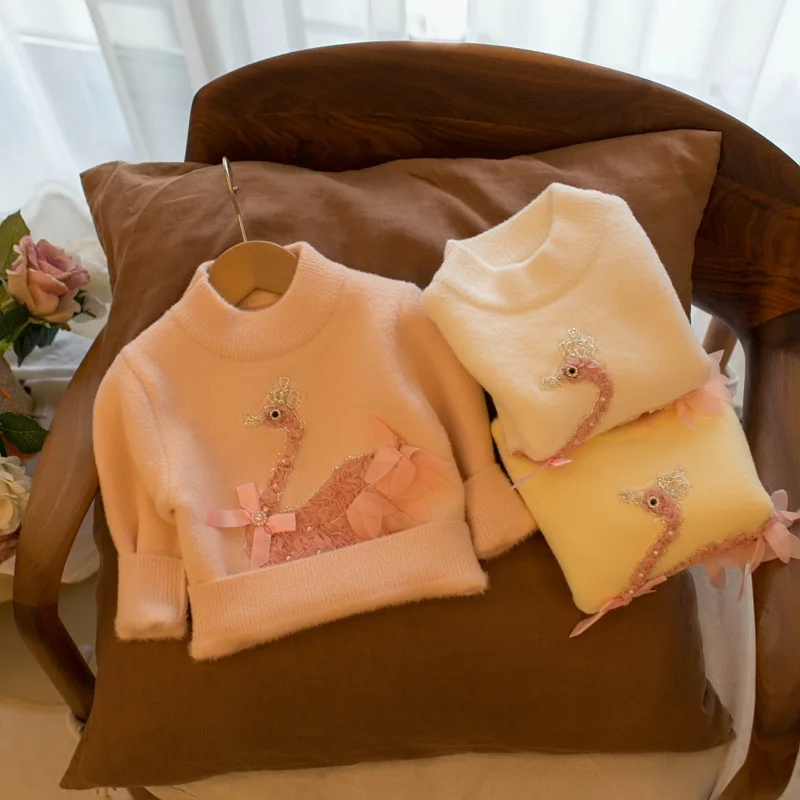 

MILANCEL 2024 Autumn Girls Sweaters 2-6 Y Children's Cute Applique Swan Knit Tops Pullover Kid's Knitwear