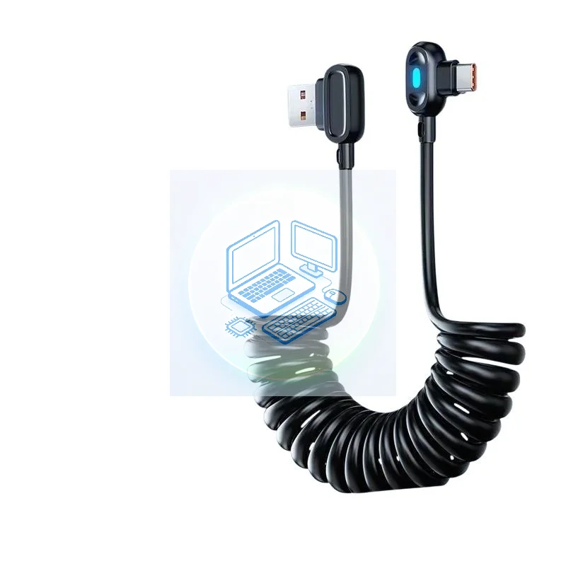 100W Luminous Coiled Spring Type C Cable, Dual Elbow Fast Charging Data Cord, Retractable USB-C Wire for Car & Phone