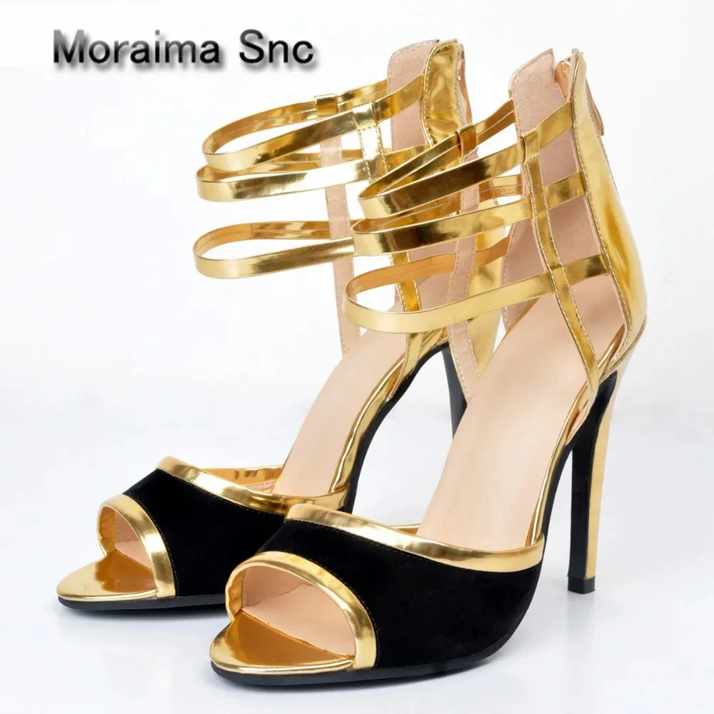 Moraima Snc Sexy Peep Toe High Heel Shoes Mixed Colors Gladiator Sandal Thin Heels Shoe Metallic Gold Leather Sandal Women