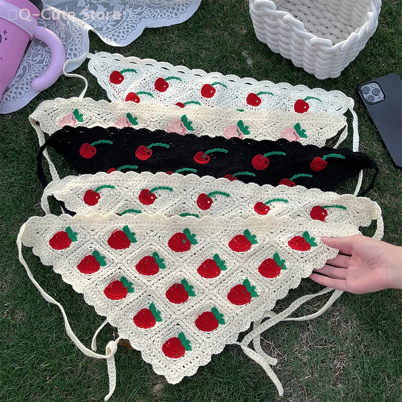 

Sweet Cute Strawberry Cherry Handmade Crochet Hollow Triangle Headband Towel Women Spring Summer Travel Photo Hair Scarf