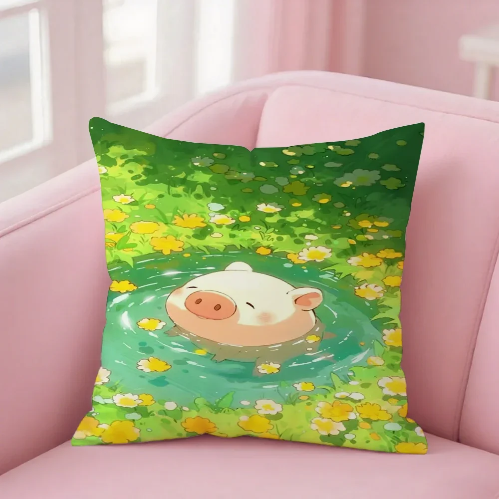 Oil Painting Grass Animal Pig Pillow Cover  for Home Use