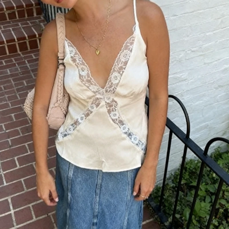 Kamizelka damska Combhasaki z koronkowym wykończeniem, satynowa, na ramiączkach spaghetti, z dekoltem w serek, z siateczki i koronki, top typu camisole w stylu Y2K, zwiewny, idealny na wyjście i do noszenia warstwowo.