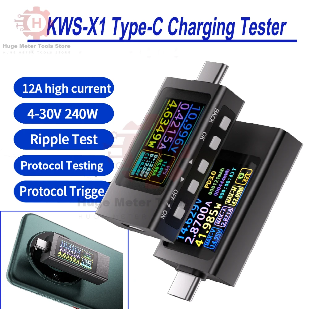 

KWS-X1 Digital Voltage Current Meter DC 3.3-36V 0-12A Type-C Interface Tester Voltmeter Ammeter Meter Battery Charging Tester