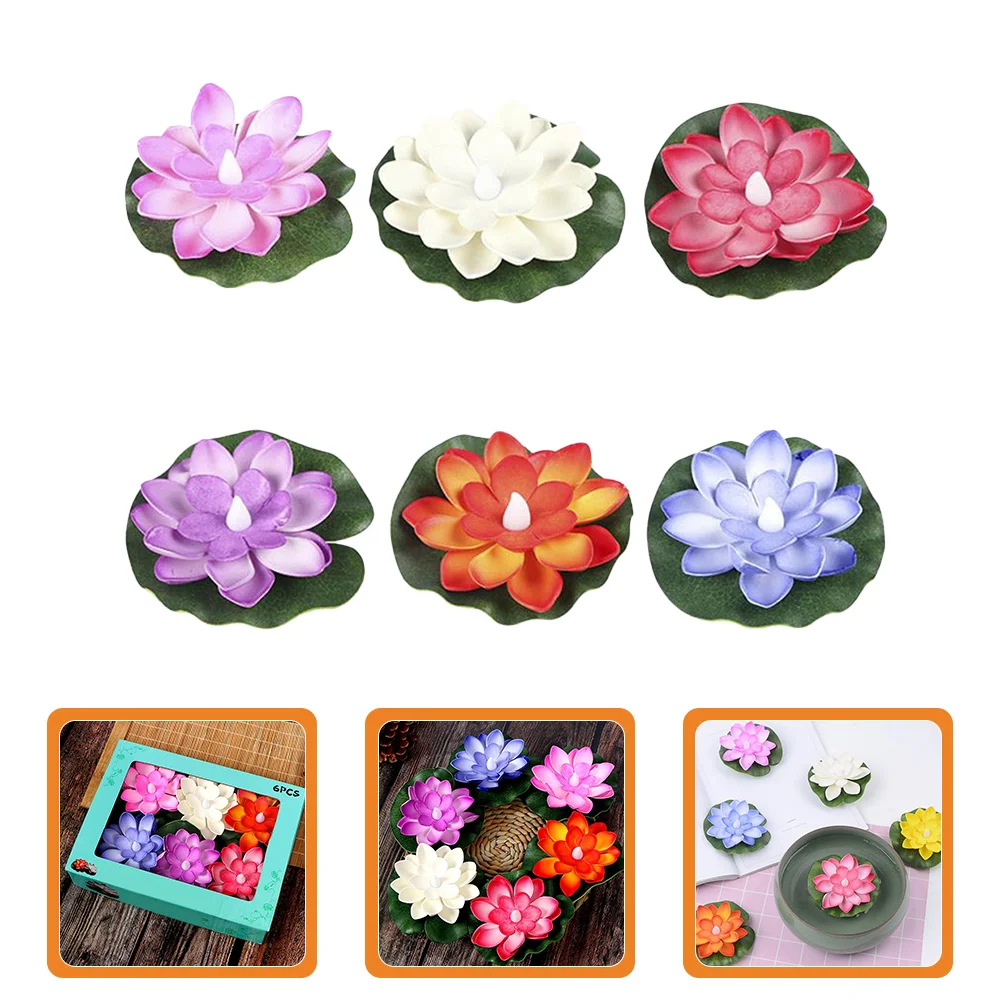 6 Pcs Lotus Floating Water Lamp LED Flameless Mini Electric Candles Adornment Tea Lights Electronic