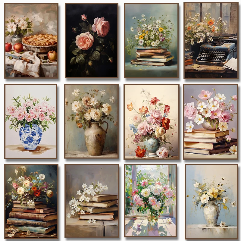 Spring Flowers Vase Still Life Canvas  Wildflower Book Floral Poster Rustic Wall Art Neutral Print Farmhouse Decor