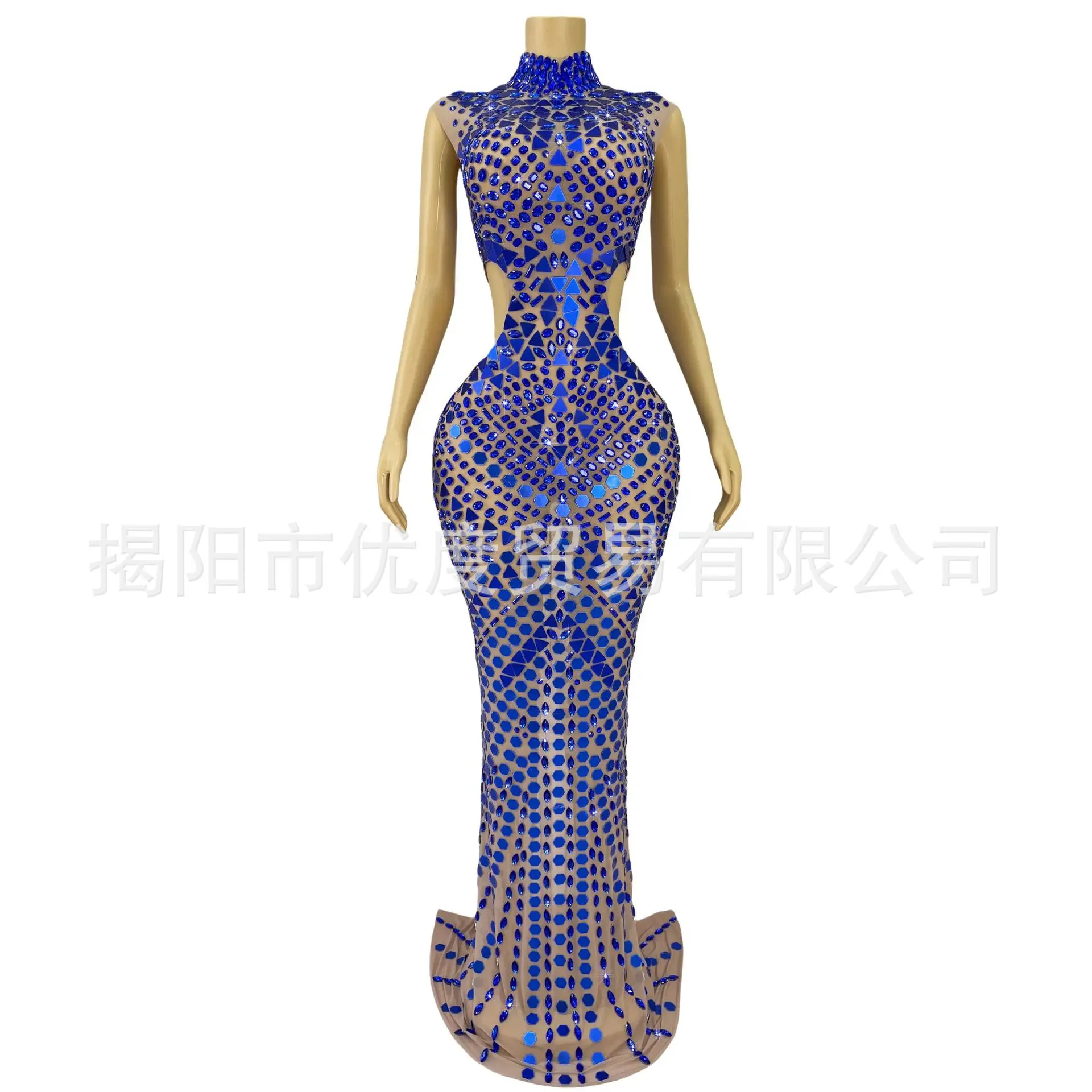 

Blue Lens Rhinestone Personality Hollow Temperament Cocktail Party Evening Dress Stage Performance Hollow Star Blue Partykleider