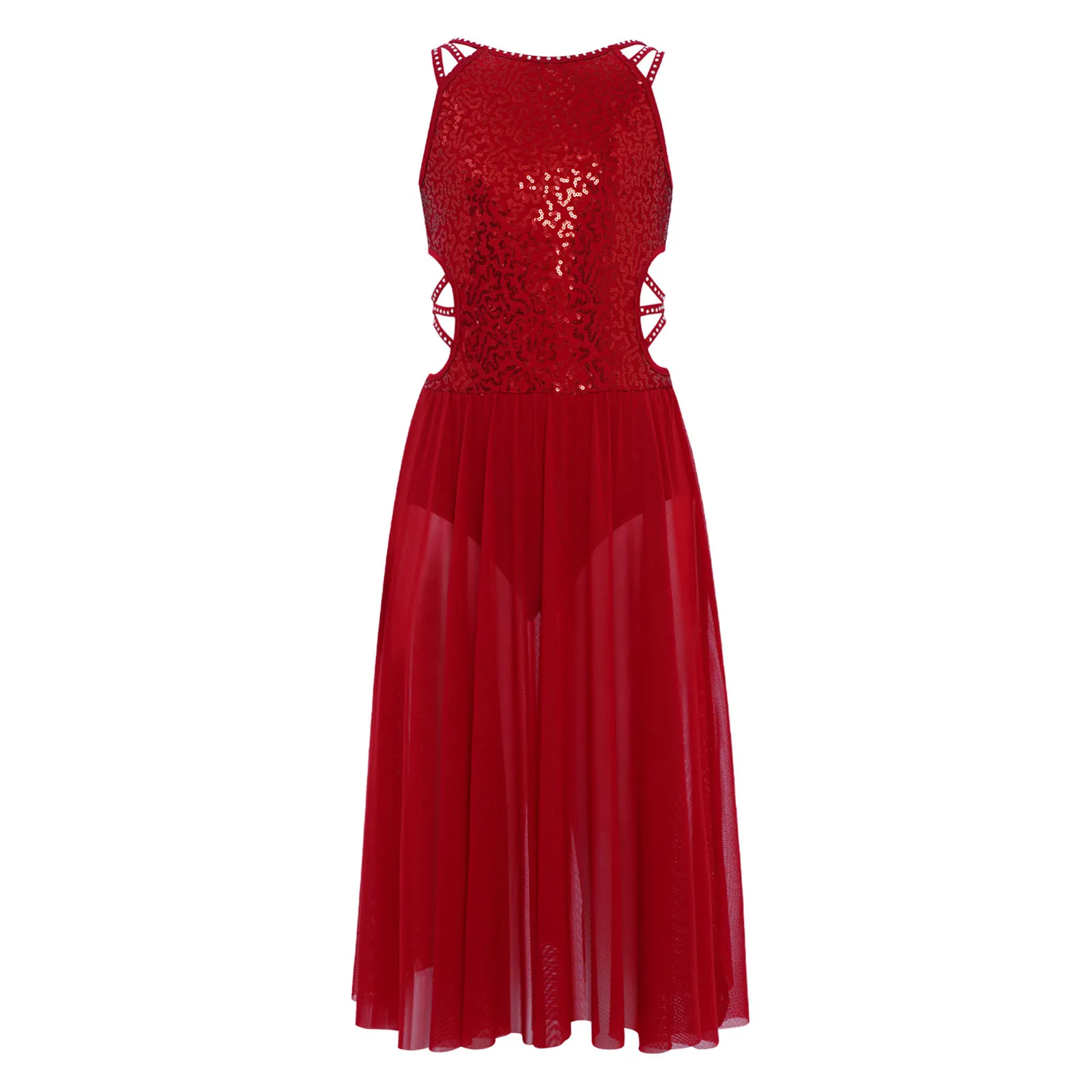 Girls Jazz Dance Dress Shiny Sequins Lyrical Dance Costume Rhinestones Strappy Cutout Waist Bodice Side Split Mesh Dance Costume