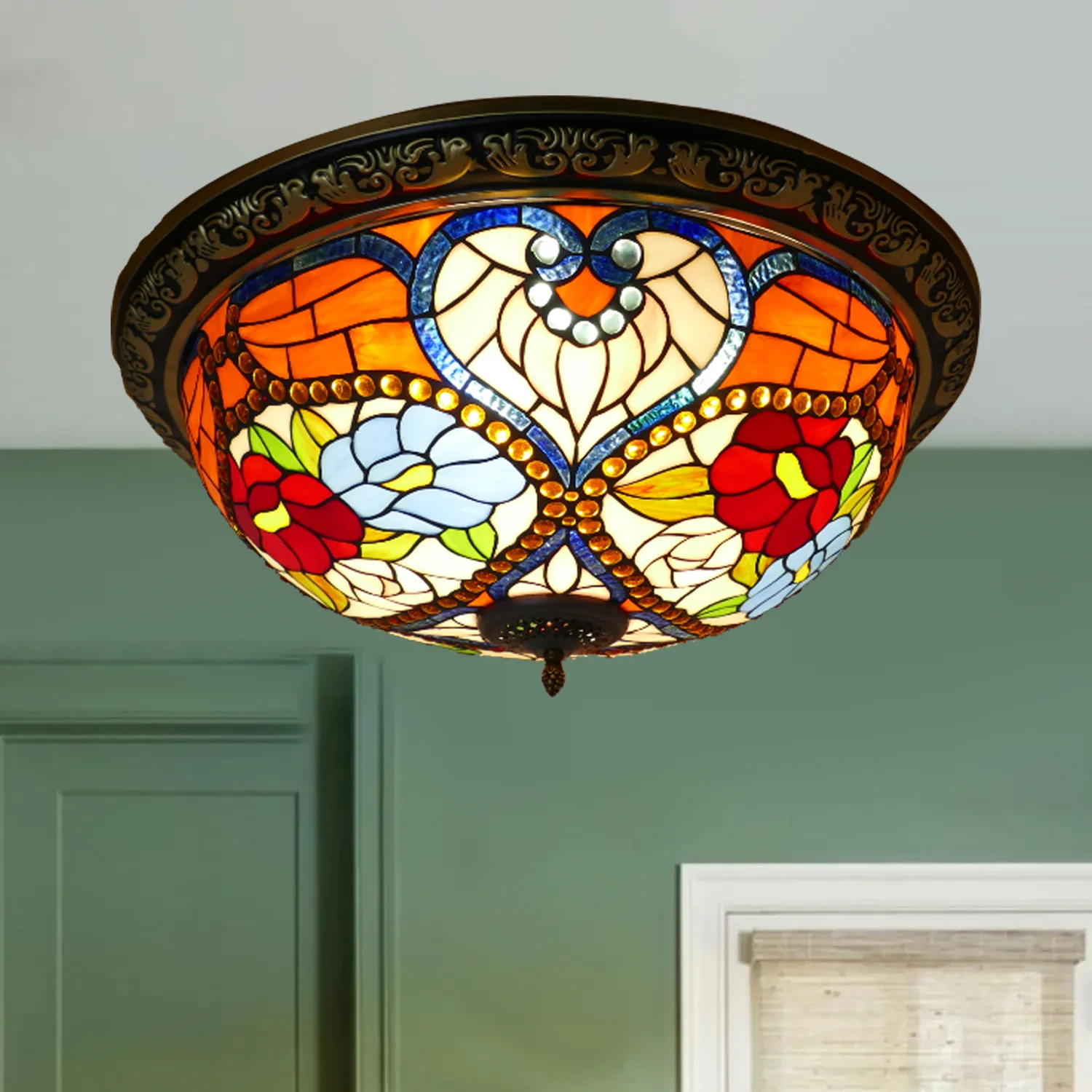 #@American Countryside Modern Creative Bar Counter Corridor Colored Glass Ceiling Light Tiffany Style LED Bedroom Study AC Power