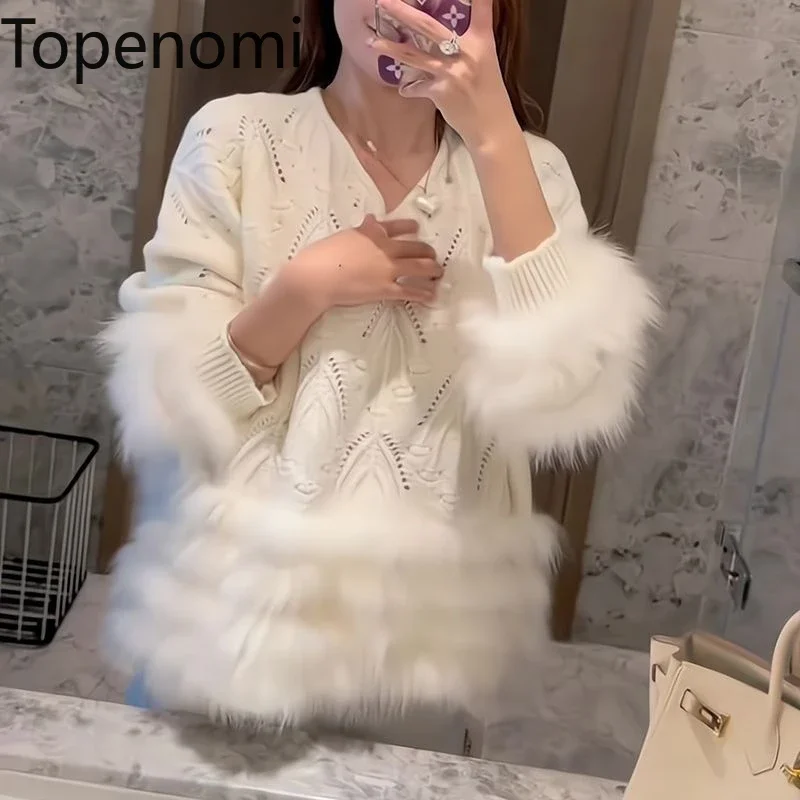 Topenomi Pullover Women V Neck Faux Fur Patchwork Design Chic Knitted Tops Autumn Winter Fashion Hollow Out Long Sleeve Sweater